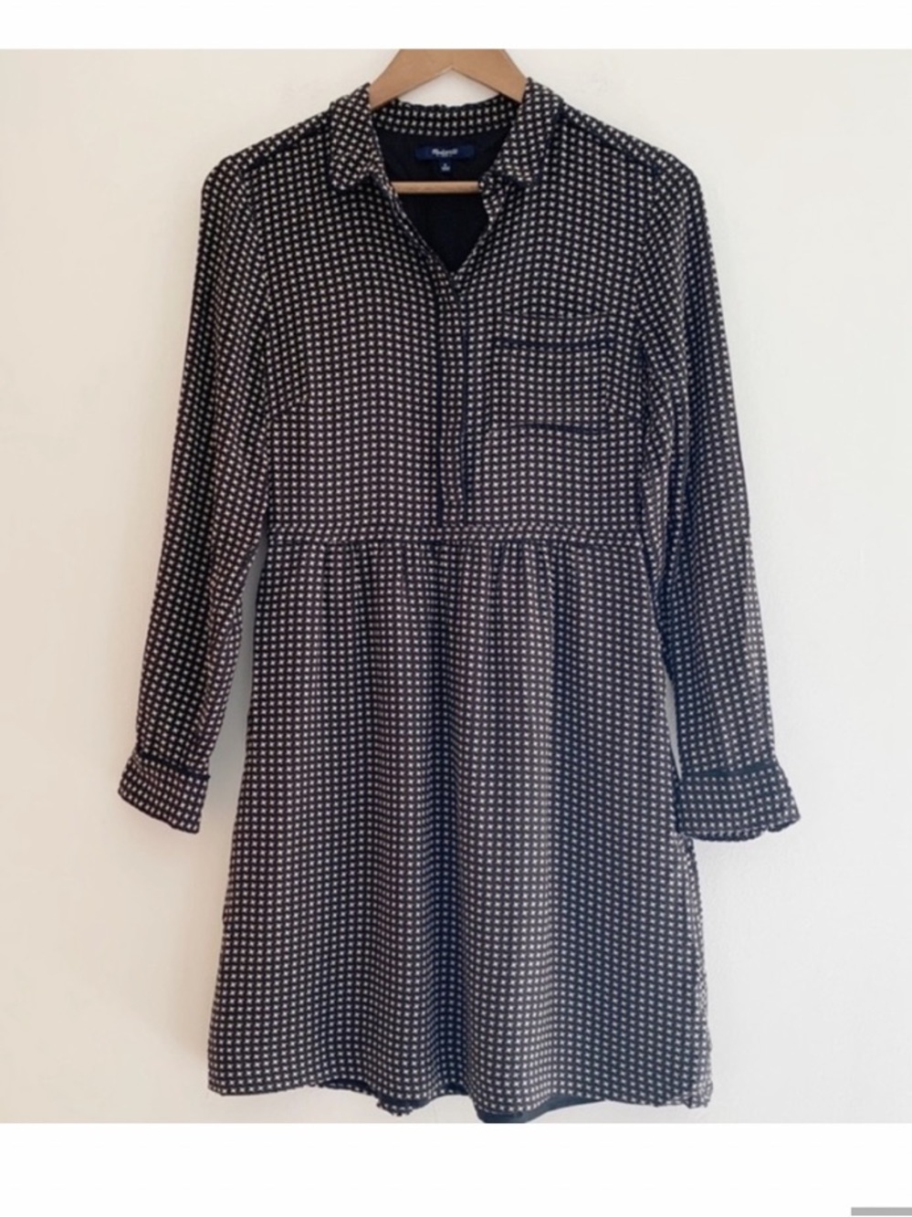 Madewell sz 8 silk Black Cream Long-Sleeve Shirt Dress Mini Houndstooth check